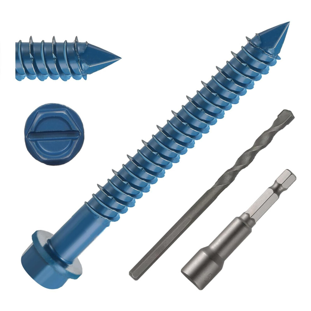 Wavanta 30Pcs M6.5 X 57Mm Slotted Hex Washer Head Concrete Screws Anchor Kit Blue Hex Head For Anchoring To Masonry, Block Or Brick Stucco, Diamond P 81078219
