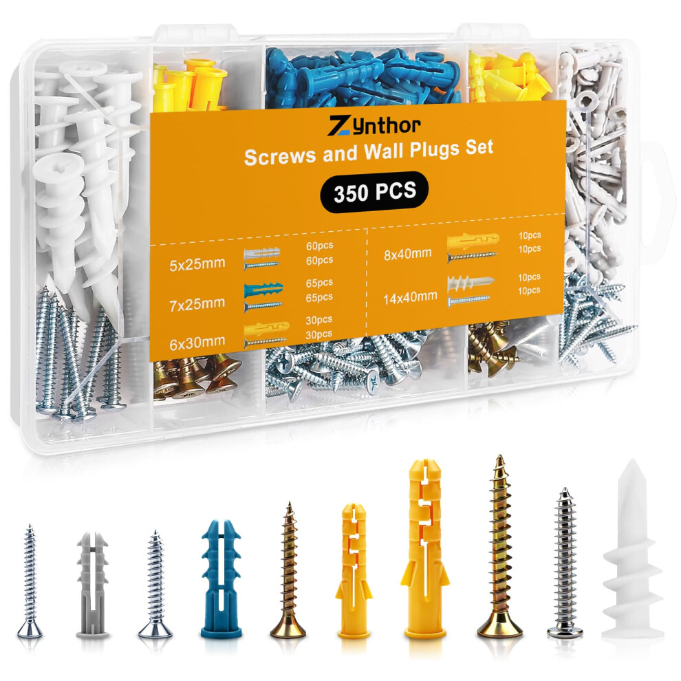 Zynthor 350Pcs Screws And Wall Plugs Set, Wall Plugs And Screws, Raw Plug Assorted And Plasterboard Screw, Plasterboard Fixings For Brick Concrete Dr 3272182082786