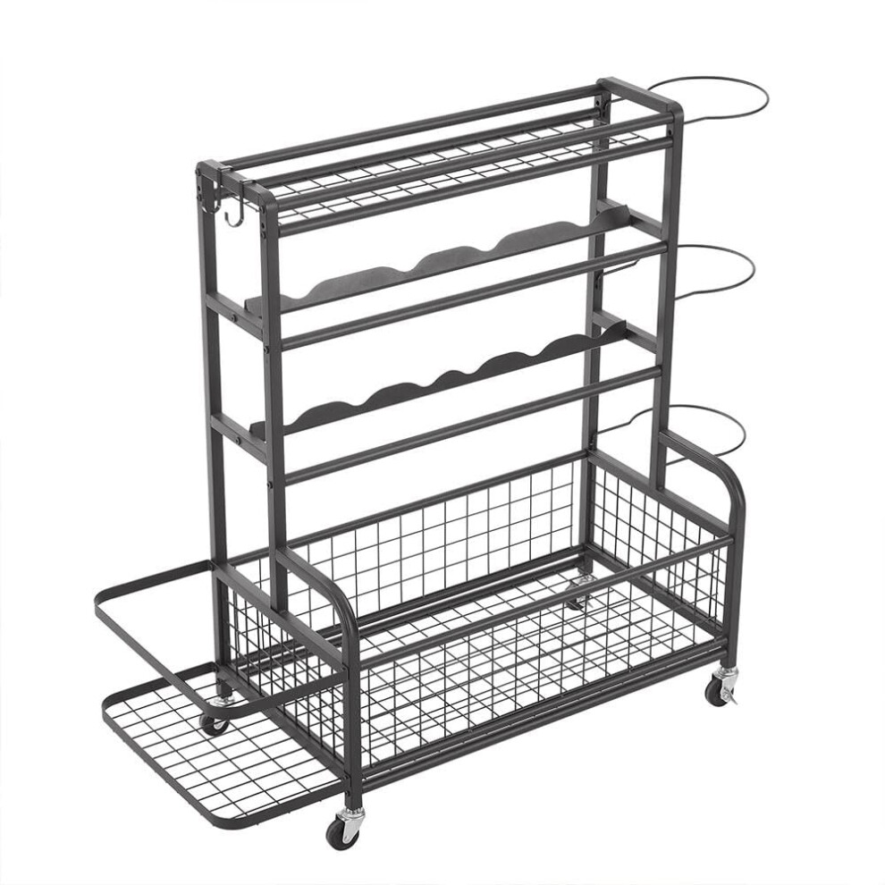 4Tier Sports Equipment Storage Rack With Baskets And Hooks, Rolling Metal Organizer For Indoor Outdoor Use 9070919975905