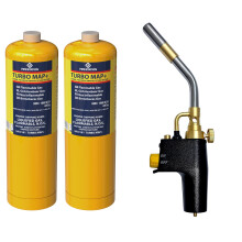 Super Total Fire Blow Torch Kit and 2 x Mapp+ Gas Cylinder | Blowtorch & Map Gas Canisters for Soldering Brazing Thawing Heat Treatment | Gas Blow To