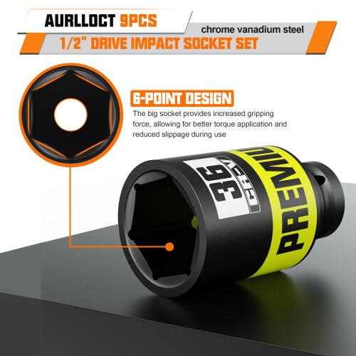 Aurlloct 1/2" Drive Impact Socket Set, 9Pcs Deep Sockets, 29-38 mm Jumbo Socket Set, Repair Automotive Truck Tractor Engine Maintenance 1