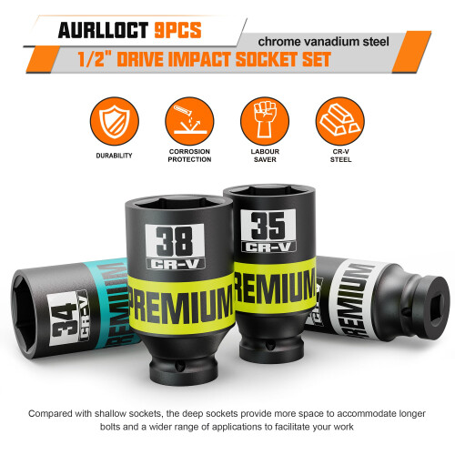 Aurlloct 1/2" Drive Impact Socket Set, 9Pcs Deep Sockets, 29-38 mm Jumbo Socket Set, Repair Automotive Truck Tractor Engine Maintenance 2