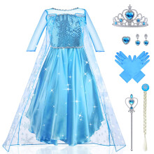 URAQT Princess Costumes for Girls, Snow Queen Princess Dress up, Ice Snow Princess Costume with Fairy Wand and Crown Tiara, Deluxe Girls Fancy Dress