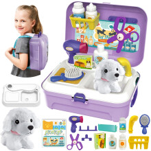 HERSITY Kids Vet Kit Dog Grooming Toy Pet Care Role Play Games Animal Dolls Pretend Play Pet Carrier Set Toys 3 4 5 Year Old Girls Boys Children Gift