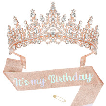 Rose Gold Birthday Crown and Sash Set for Women with Sparkling Rhinestones and Adjustable Glitter Sash