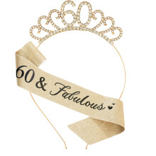 MIOSJI 60th Birthday Sash and Crystal Tiara Crown for Women Birthday Decorations Gift Party Accessories (Gold)