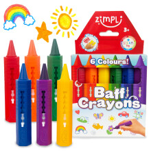 ZIMPLI - 6 Large Bath Crayons, Washable Colourful Kids Bath Pens, Creative Mess-Free Shower Toy, Wipe Clean Bath Fun, Paint Sticks for the Tub, Arts