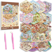 20 Sets DIY 3D House Stickers Kit Non-Toxic & Safe 3D Miniature Scene Therapy for Kids and Adults, Stress Relief Sticker Scenes with Tweezers Creativ