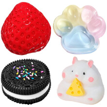 SSKHE 4Pcs Taba Squishy Set,Strawberry + Hamster + Cat Paw + Hamster, Fufu Squishy Squeeze Toy Squishes Kit for Stress Relief Sensory Play Fidget Gif