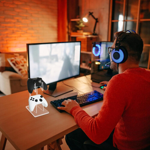 Transparent Acrylic Dual Game Controller Stand with Headset Holder, AntiSlip Base, Tool Assembly 2