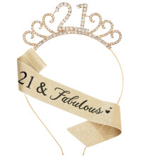 MIOSJI 21st Birthday Sash and Crystal Tiara Crown for Girl 21st Birthday Gifts for Her Party Decorations Accessories Gold