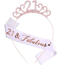 21st Birthday Sash and Crystal Tiara Crown, 21st Birthday Gifts for Her Girls Birthday Decorations Party Accessories (Rose Gold)