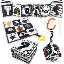 KUANGO 3 Pcs Black and White High Contrast Baby Toys for Newborn, Montessori Sensory Soft Book for Early Education, Infant Tummy Time Toys 0-9 Months