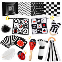 HappyKidsClub Black And White Sensory Toys, Baby Toys 0-6 Months Essentials for Newborn with Sensory Cards Baby Rattles, Ribbon Ring, Scarf, Maracas,