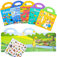 Lanjue 5 Packs Reusable Sticker Books, 3D Puffy Sticker Book for Age 2-6 Year Old Boys Girls, Scene Storybook Toddlers Sticker Books Educational Lear
