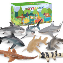 toymany 8PCS Shark Toys Sea Creature Animals Figures, Plastic Ocean Animal Figurines with White Shark Bathtub Toy Cake Topper Christmas Birthday Gift