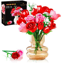 HOGOKIDS Flowers Bouquet Building Set with Lights - 16 Roses Bouquet Botanical Building Blocks Artificial Red Roses Flower for Home Decor Christmas B