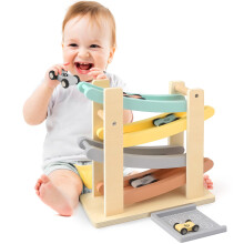 Vanplay Wooden Car Ramp Montessori Toys for 1 2 Year Old Boys- 4 Mini Cars, a Toy Garage, Baby Gifts Toys for 1-2 Year Old, No Assembly Required