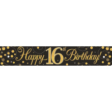 9ft Banner Sparkling Fizz 16th Birthday Black & Gold Holographic