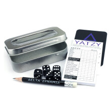 Delta Dynamic Products Yatzy Travel Tin – Traditional Dice Game in a Compact Hinged Storage Tin. Pocket-Sized Set (9.6 x 6.2 x 2.2cm). UK-Made.
