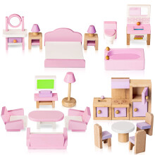 Wooden Dollhouse Furniture Set, 22 Pcs Miniature Wooden Furniture Dolls House Accessories for 5 Rooms, Doll House Furniture Toys, Pretend Play Furnit
