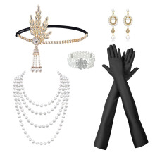 TSHAOUN 6-Piece 1920s Flapper Great Gatsby Accessories Set, 1920s Accessories for Women with Headband, Headpiece, Long Black Gloves, Necklace, Earrin