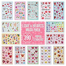 Love Heart Stickers for Scrapbooking, Crafting, Decorating - Over 390 Self Adhesive Paper Stickers 14 Designs - Party Bag Fillers for Kids, Girls - V