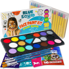 Blue Squid Body Crayon Sticks & Face Paint Kit Bundle - 18 XL Crayons & Markers for Skin & 18-color Face Painting Kit for Kids with 24x Stencils, Bru