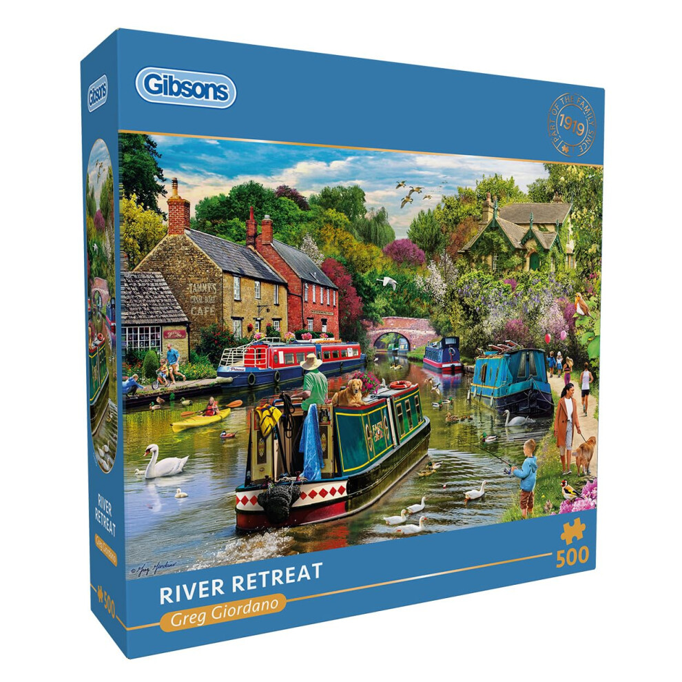Gibsons River Retreat 500 Piece Jigsaw Puzzle Beautiful Colourful Artwork Canal Boats Nostalgic Sustainable Jigsaw Puzzle For Adults Teens Premium 10