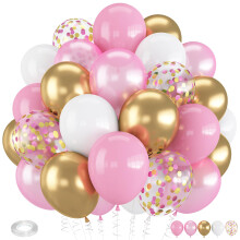 Froova Pink and Gold Balloons, 12 Inch Light Baby Pink White and Gold Confetti Balloons for Girls Princess Birthday Baby Shower Bridal Shower Wedding