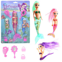 7 Piece Bath Time Toy Set - 3 Mermaid Princess Dolls with Bright Long Hair and Hair Brush & Mirror Accessories, Boys and Girls Ocean Themed Waterproo