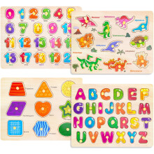 Montessori Wooden Peg Puzzles for Toddlers 3 4 5 Year Old, 4 Pcs Kids Educational Toys Preschool Learning Activities-Alphabet, Shape, Number and Dino