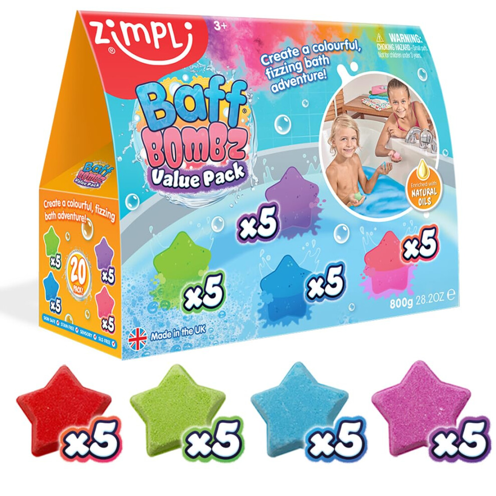 Zimpli - 20 X Star Baff Bombz, Create A Colourful, Fizzing, Bathtime Adventure, Bath Bombs Set For Children, Organic, Natural