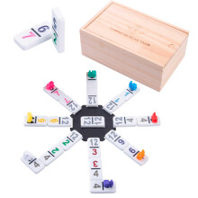 Engelhart - 250180 - Mexican Train Dominoes Set D12 - Numbers Version - Wooden Box - 91 Dominoes (7.5 mm) + 8 Colorful Trains - 2 to 8 Players