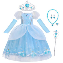 Berich Blue Princess Costume with Crown Princess Dress up World Book Day Costumes Halloween Christmas Outfits Girls Blue Dress 4-5 Years (Blue, 120)