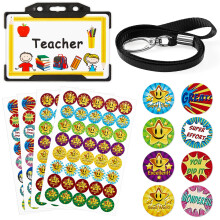 Tenare 7 Pcs Teacher Roleplay for Kids Pretend Teacher Set Novelty Lanyard and Stickers Pretend ID Card Behaviour Reward Stickers School Stuff Kids R
