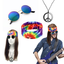 UILYNIU 4 Piece Hippie Accessories Set Disco Hippie Costume 60s 70s 80s Wigs Brown Wigs Sunglasses Peace Necklace Headband Men's Fancy Dress Hippy Ac