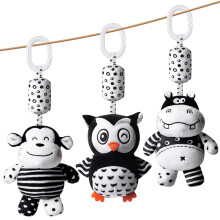 Aolso Baby Pram Pushchair Toys, 3Pcs Hanging Rattle Toys, Black and White High Contrast Sensory Educational Toy, Newborn Car Seat Toy for Boys Girls