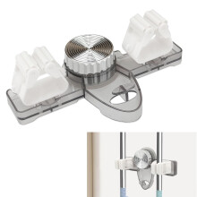 Self Adhesive Broom and Mop Holder Wall Mount, Non Slip Silicone Grip Organizer with Hooks for Bathroom Kitchen Laundry Room, Gray