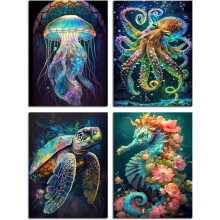 4 Pack Paint by Numbers for Adults,Ocean Themed Animals Paint by Numbers on HD Canvas,Marine Animals Painting by Numbers for Gifts and Home Decor 12X