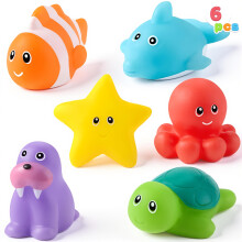 JOYIN 6 Pcs Sea Animal Bath Toys, Sealed & No-Hole & Mold Free Bathtub Toys for Kids, Non-Toxic & Soft Water Vehicles Toys for Boys and Girls, Squeez
