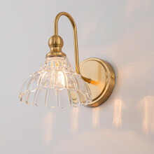Brass Bathroom Vanity Light with Flower Glass Shade, Vintage Wall Sconce Over Mirror, E12 Bulb