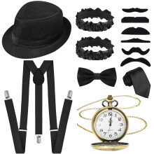 Glirop 13Pcs 1920s Gatsby Costume Set for Men, Gentleman Roaring 20s Accessories Kit with Hat Suspenders Pocket Watch Bow Tie Beards Cuffs Tie for Ad