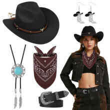 Kyndara 5Pcs Western Cowboy Hat Set for Women, Cowgirl Costume Accessory Set with Hat Necklace Earring Belt Bandana for Masquerade Halloween Parties