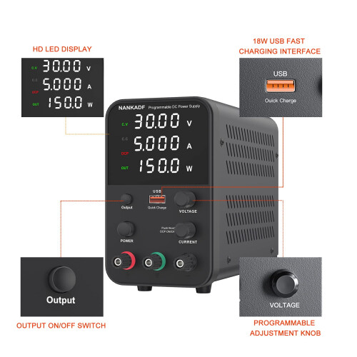 DC power supply (0-30V,0-5A) adjustable, switching power supplies, mini high precision 4-digit display with USB fast charging interface, variable lab 2