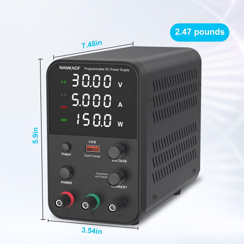 DC power supply (0-30V,0-5A) adjustable, switching power supplies, mini high precision 4-digit display with USB fast charging interface, variable lab 1