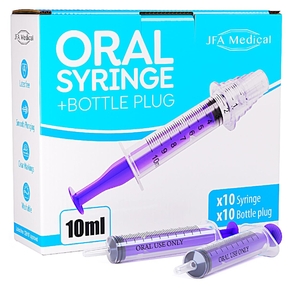 Jfa Medical 10Ml Oral Medicine Syringe And Bottle Plug, Box Of 10 - Suitable For Baby, Children, Pets