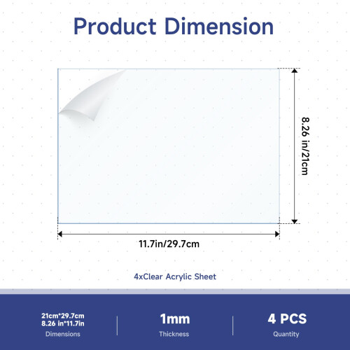 4 Pack A4 Polycarbonate Sheets, 1mm Thick Clear Acrylic Sheet, 1