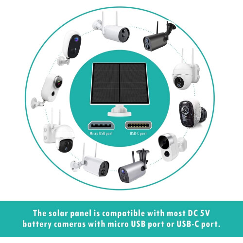 5W Solar Panel for Security Camera, Solar Panel for DC 5V Outdoor Rechargeable Battery Camera, Solar Panels with Micro USB and USB-C Port, Adjustable 1