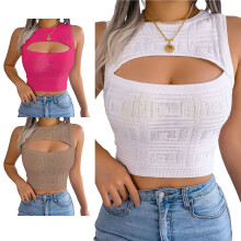 Top corto da donna in maglia, senza maniche, estivo, con scollo a V sul davanti, casual, traspirante, assorbente, morbido, elasticizzato, taglie